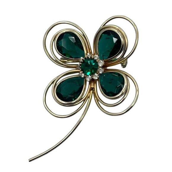 Gold Tone Shamrock Brooch Green Glass Rhinestones Clover Pin St. Patrick’s Day - Picture 3 of 5